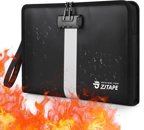 ZJTAPE Sacs anti feu avec serrure - Documents, Portefeuille ignifuge, coffre-fort portable, Mallette Grande Capacité pour Tablettes, Argent, Documents A4, Contrats et objets de valeur