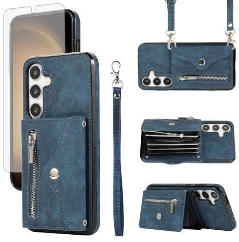 Asuwish Phone Case for Samsung Galaxy S24 5G Wallet Cover and Tempered Glass Screen Protector with Wrist Crossbody Strap Lanyard Credit Card Holder Stand Cell S 24 24S GS24 G5 Women Men Blue