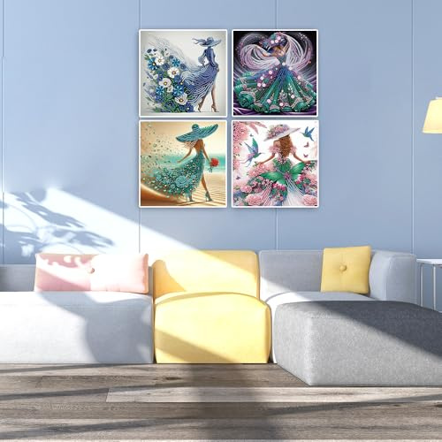 DCIDBEI Lot de 4 Peintures Diamant 5D à Strass Forme Spéciale 30x30cm Diamond Painting Femme avec Chapeau Peinture par Numéros Strass Broderie Diamant Femmes Point de Croix Loisirs Créatifs pour Mur