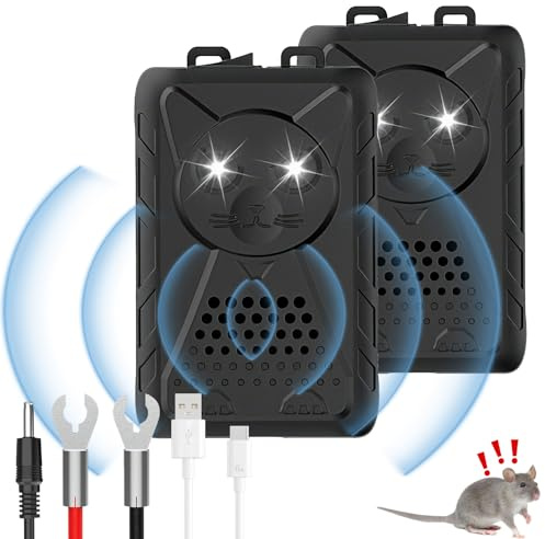 OBEST Repellente Topi per Auto, 2 Pezzi Repellente Martore Auto con Flash, Ultrasuoni per Topi a Batteria, Anti Faine, Donnole, Roditori, Dissuasore per Martore Garage, Casa, Giardino