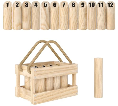 SPORTNOW Jeu de quilles finlandaises, Jeu de Plein air en Bois de pin 12 quilles, 1 bâton et 1 boîte de Transport, Jeux de Plein air pour Adultes, Jardin, Pique-Nique, Plage, fête, Effet Bois Naturel
