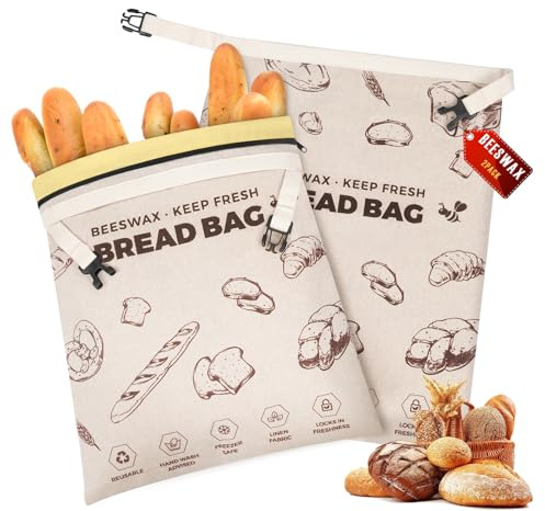 YARRAMATE Bolsas para Pan de Cera de Abejas, Reutilizables de Lino con Cierre. Mantienen Barra Fresca, Grandes Contenedores Seguros Congelador Ecológicos (43x33 cm, 2 Unidades) (02_con cremallera)