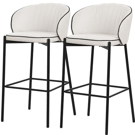 ML-Design 2x Taburetes de Bar Beige con Tapizado de Tela, 76cm de Altura, Sillas con Estructura Metálica, Asientos de Cocina con Respaldo y Reposapíes, Sillones de barra, Mueble de Mostrador de Bistro