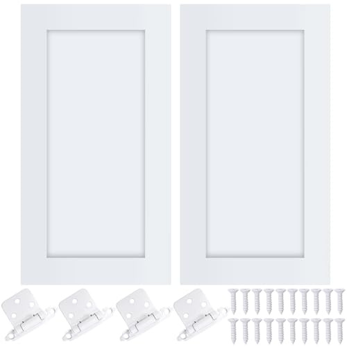 Cinnvoice 2 Pcs Pine Kitchen Cabinet Door Replacement with 4 Pcs Cabinet Hinges Wood Shaker Door Front Replacement for Kitchen, Bathroom, Vanity(White,11 W X 18 H)