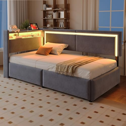 Moimhear Polsterbett, Schlafsofa, 90x200cm, Mit USB-Ladeanschlüssen, Kopfteil Lässt Sich Zum Verstauen öffnen, Mit Aufbewahrungsschublade, Samtstoff, Dunkelgrau