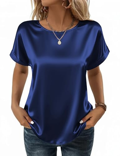 Zeagoo Camicetta in Raso da Donna Elegante di Seta Tunica Casual Camicetta | Maniche Corte Girocollo Camicie Estate Tinta Unita Classico Shirts S-XXL