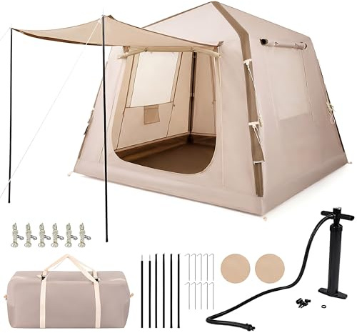 HOMASIS Aufblasbares Zelt mit Pumpe, wetterfestes Campingzelt für 2-4 Personen, Luftzelt aus wasserdichtem Oxford-Gewebe mit Tür, 2 Netzfenstern & Vordach, Outdoor Familienzelt mit Tragetasche