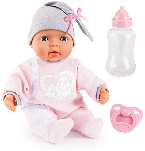 Bayer Design 93829AA My Piccolina Interactive Puppe mit Funktion, sprechend, Babypuppe bewegt den Mund, 38 cm, Schnuller, Flasche, Rosa, Grau