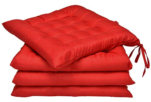 Beautissu 4er Set Stuhlkissen mit Bändern Indoor & Outdoor Auflagen Stühle | 40x40 in Rot mit 5cm Polsterung Sitzkissen Gartenmöbel Sitzauflage waschbar Gartenstuhl Polster Lea