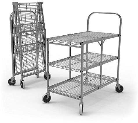 Luxor WSCC-3 Three-Shelf Collapsible Wire Utility Cart, Push Heavy Duty, 4 Thermoplastic Rubber Casters Two with Locking Brakes,Holds 300 lbs. and Folds Up for Storage, 37W x 18.25D x 30.5H
