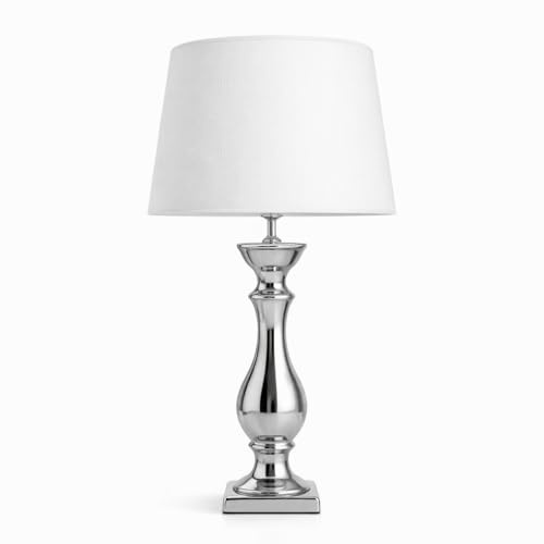 Lovely Tischlampe 46 cm Tischleuchte Nachttischlampe mit weißem Stoffschirm & Silbernem Keramikfuß mit Kabelschalter für Schlafzimmer, Wohnzimmer, Büro – Dekolampe E27, Leselampe [Energieklasse A]
