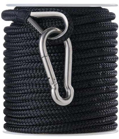 RainierSupplyCo Boat Anchor Rope - Double Braided Marine Rope Anchor Line - 100 ft x 3/8 Inch Nylon Boating Line with 316 Stainless Steel Thimble and Heavy Duty Marine Grade Bow Shackle - Black