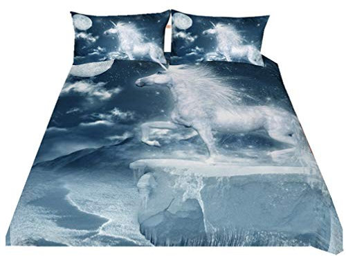 Stillshine Bettwäsche Set Einhorn Himmel Galaxis Einhorn Traum Weiß Pferd Pegasus Wald Kreativ 3D Tier Digital Drucken Blau Bettbezug und Kissenbezug (Einhorn 2, Einzelbett 135x200 cm)