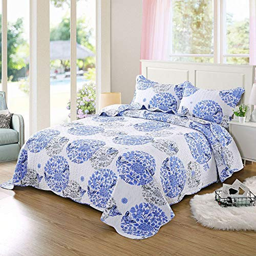 CXLT 3 Stück Patchwork Tagesdecke Gesteppte Quilt Doppelbett Decke Bettüberwurf 100% Baumwolle Schicke Blaue Blumen Gedruckt Bedspread 230 X 250 cm Bettwäsche-Set Mit 2 X Kissenbezügen (50 * 70 cm)
