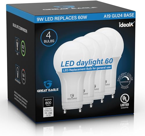 Great Eagle GU24 Led Bulb - A19 Shape, 9W (60W Equivalent), Dimmable, 5000K Daylight, UL Listed, Twist-in Light Bulb, 2 Prong Light Bulbs (4-Pack)