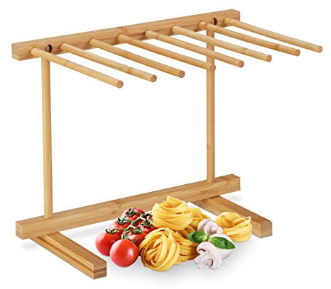 Relaxdays Secador Pasta Fresca Plegable de 8 Brazos, Tender Seca Pasta Bambú, Colgador Fideos Compacto, 28cm, Natural