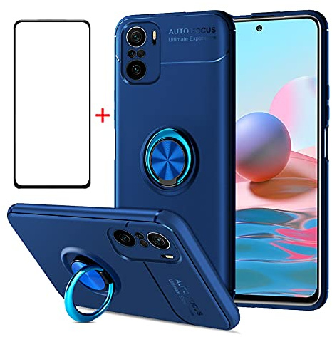 AKABEILA Funda Cristal Templado Carcasas Cristal Templado Pantalla Protectora Prueba Golpes en Silicona Fibra Carbono Fundas Soporte Teléfono (Xiaomi Redmi Note 10S/Note 10 4G Azul)
