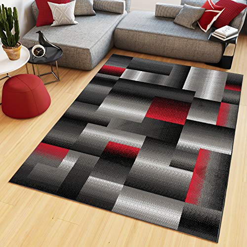TAPISO Maya Kollektion Teppich Kurzflor Modern Vierecke Streifen Design Schwarz Grau Rot Weiß Meliert Verwischt Wohnzimmer Schlafzimmer ÖKOTEX 140 x 200 cm
