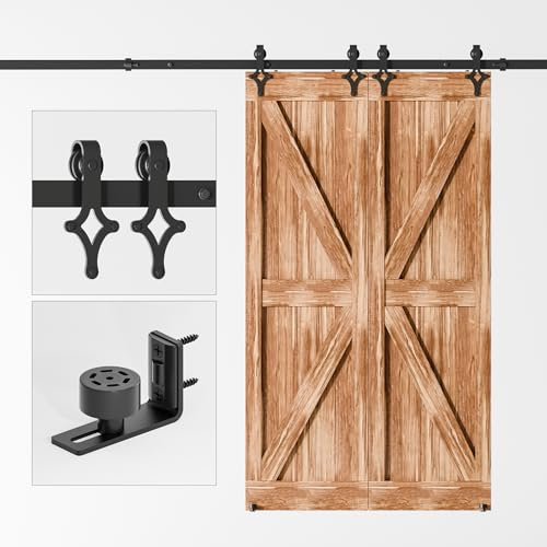 WOLFBIRD 274cm (9FT) Schiebetürbeschlag Hardware Kit für Doppeltür Schiebetürsystem mit Einstellbare Bodenführung, Rhombus Form Roller Hanger Set, schwarz