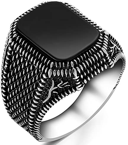 Herren-Ring aus massivem 925er-Sterlingsilber, Tulpen-Design, schwarzer Onyx-Stein (7,5), Metall, Onyx