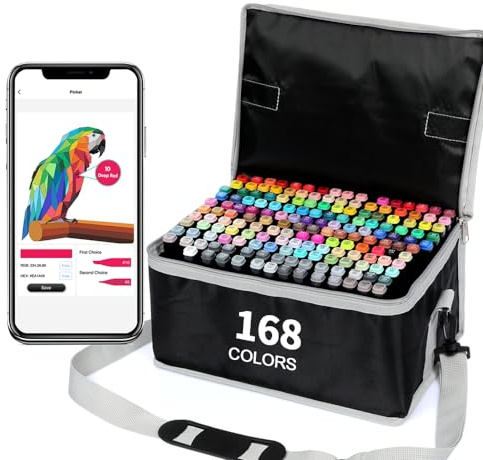 Vokiuler Alkoholmarkörer-168+2 färgat markörset med färg-app, permanenta tvillingtippade konstnärspennor mejsel och kula för vuxna ritning manga design grafisk illustration med förvaringsfodral