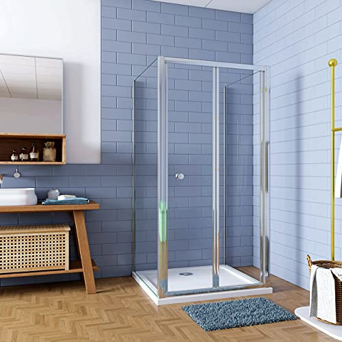 185cm Box Doccia a Tre Lati Porta a Soffietto 80cm con Doppia Parete Fissa 80x80cm in Vetro Temperato Trasparente 5 mm Profilo Cromo Lucido