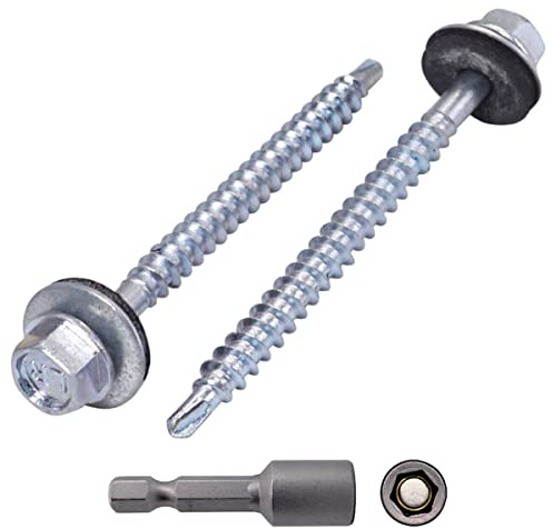 Marcopol Selbstschneidende Schrauben aus verzinktem Stahl, DIN 7504-K, 4,8 x 60 mm, mit EPDM-Unterlegscheiben, Sechskant-Unterlegscheibenkopf, Blechschraube, Packung mit 30 Stück, Silber
