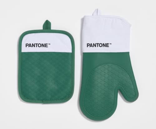 Pantone - Set da Cucina Composto da Guanto da Forno + Presina, in Cotone con Grip Antiscivolo in Silicone - Utili Accessori Cucina Resistenti al Calore fino a 250°C - Bianco/Verde