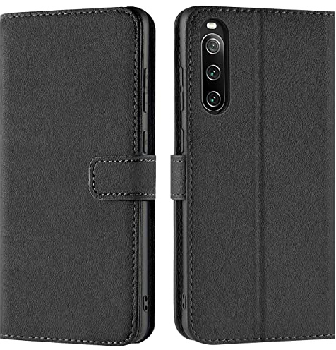 Verco Handyhülle für Sony Xperia 10 IV Hülle, Bookcase Tasche Flipcover für Sony Xperia 10 IV (2022) Case [Kartenfächer/Aufstellfunktion], Schwarz