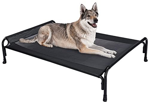 Veehoo Elevated Dog Bed, Outdoor Raised Dog Cots Bed for Large Dogs, Cooling Camping Elevated Pet Bed With Slope Headrest for Indoor and Outdoor, Washable Breathable, Large, Black, CWC2204