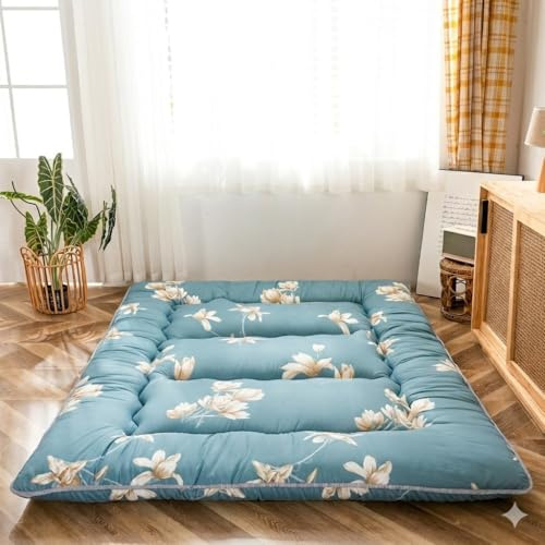MAXYOYO Materasso da pavimento giapponese, materasso futon, tatami spesso, pieghevole, arrotolabile, per dormitorio, cuscino per pavimento (fiore blu, singolo)