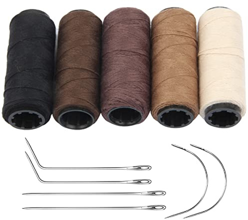 JFFX 5 Rolls Sewing Threads and Needles Set, Hair Extensions Thread with 6 Pcs C/J/I Shaped Needles for Hand Sewing Wig Making Hair Weft Craft DIY | Haarverlängerungsfaden für Handnähen, Haarverlängerungen, Perücke, DIY