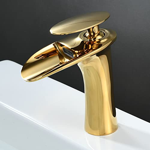 Gold Wasserhahn Bad Waschtischarmatur Wasserfall Badarmaturen Mischbatterie Waschbeckenarmaturen für Badezimmer aus Messing (Poliertes Gold)