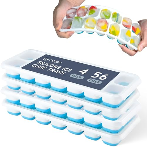 CUQOO Silicone Ice Cube Tray with Lid - Reusable Ice Cube Trays for Freezer, Easy Release BPA-Free Trays with Rubber Molds for No-Spill Storage, 4 pcs Blue