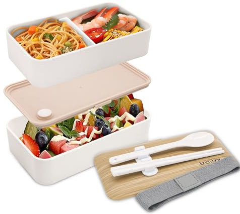 KDBFHAL Bento Box Lunchbox für Erwachsene, mit Holz-Bambus-Muster, stapelbar, 2-in-1-Fach, Bento-Behälter-Set mit Löffel und Essstäbchen, mikrowellen- und spülmaschinenfest