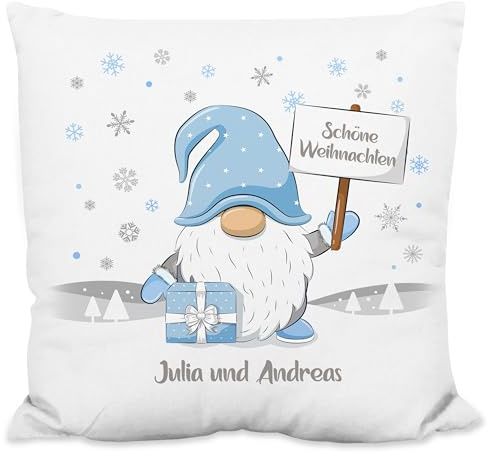 Deko-Kissen personalisiert mit Wunschtext „Schöne Weihnachten“ - mit Wichtel-Motiv - 40x40cm, inkl. Kissen-Füllung - Zierkissen Weihnachtskissen Weihnachts-Geschenk (Strukturiertes Kissen)