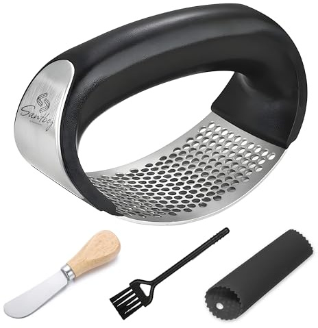 Garlic Press Stainless Steel with Garlic Peeler, Spatula and Brush, Extract More Garlic Fresh Paste Per Tooth. Garlic Mincer Tool, Equeeze, Estract, Crusher and Press the Garlic Easy and Fast.