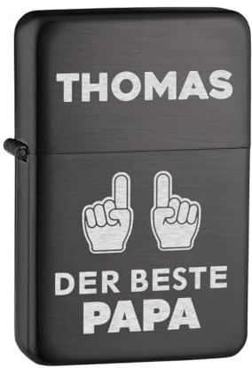 Der Beste Papa Benzin Feuerzeug Anthrazit mit Gravur - Geschenk für Männer zum Vatertag - Sturmfeuerzeug für BBQ, Lagerfeuer und Camping