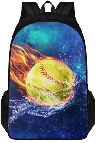 Poceacles Schulrucksack für Kinder, 43,2 cm, Büchertaschen, lässiger Reiserucksack, für Jungen und Mädchen, große Kapazität, Tagesrucksäcke für Reisen, Fire Softball, Blau, Medium