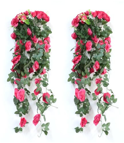 Hocadrv 2 stycken konstgjorda växter hängande siden ros blommor konstgjorda hängande blommor 90 cm konstgjorda hängande växter murgröna, konstgjord för hem, trädgård, bröllop, terrass (röd)
