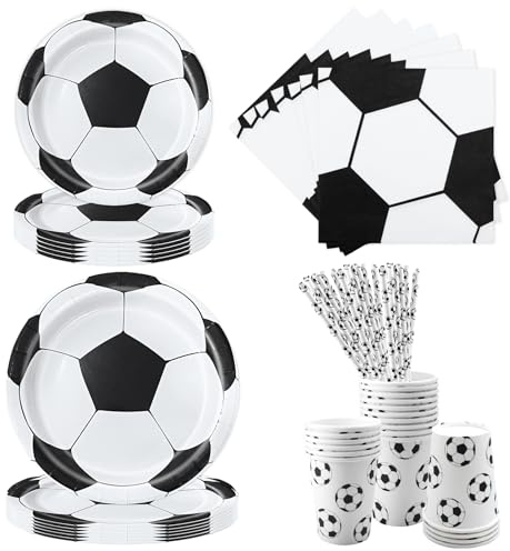 Aitsite 50 Stück Fußball Partygeschirr Set, Schwarzer und Weißer Fußball Partyteller Geburtstag für 10 Gäste, Fussball Geburtstag Geschirr, Party Deko Set, Kindergeburtstag Teller Becher Servietten