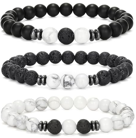 APMGONT 8 mm Perlenarmbänder Set, 3 pcs Perlenarmband Herren mit Schwarzen Lavastein, Naturstein Yoga Perlen Elastische Armbänder Verstellbares Herren Armbänder Set Geschenke für Männer