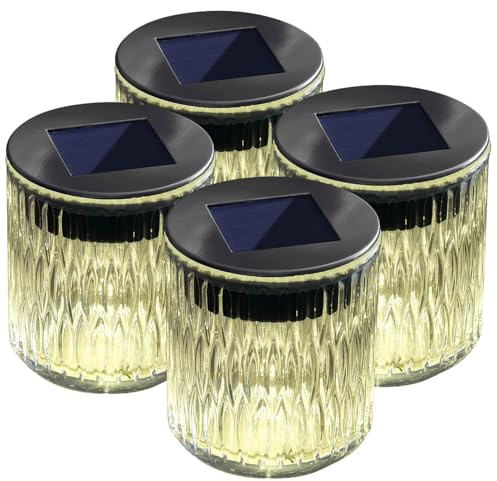 Lunartec Solar-Windlicht Garten: 4er-Set Solar-LED-Windlicht aus Echtglas mit tollem Lichtmuster, IP44 (Tischlaterne, LED Motiv, Kugel)