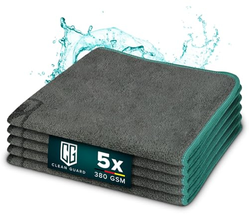 Clean Guard Mikrofasertücher 380GSM | Schonende Mikrofasertücher für Auto, Motorrad & Haushalt | Das Autozubehör zum Reinigen, Trocknen & Polieren | Saugstarkes & fusselfreies Design 40x40cm (5)