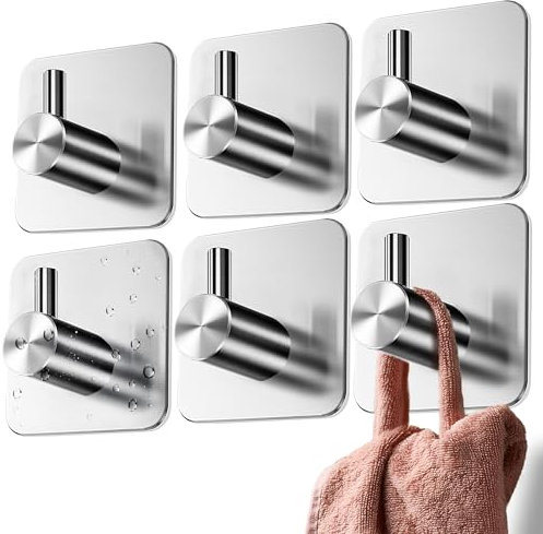 4smile Self Adhesive Hooks - 6 pcs Strong Sticky Hooks for Hanging Towels, Bathrobes and Keys - No-Nail Hanger, Stick on for Heavy Duty Waterproof, Tea Towel Holder for Bathroom, Kitchens, Cupboards