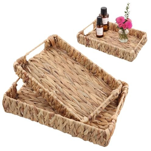 Focenat Pack 2 Bandeja de Ratán Natural Tejida a Mano para Servicio, Almacenamiento y Decoración - para Bebida, Desayuno, Té, Vela