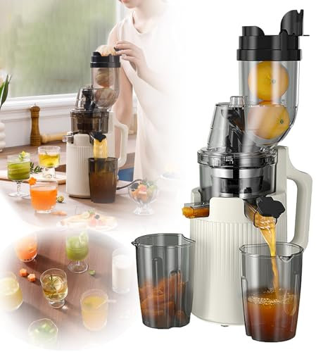 Slow-Speed Masticating Juicer with 98% Pure Juice Rate, 600ML Silent Fresh Juicer, 200W + 9CM Diameter + 0.1MM Filter + Residue Juice Separation + Forward/Reverse Rotation,for Ginger/Celery ,White