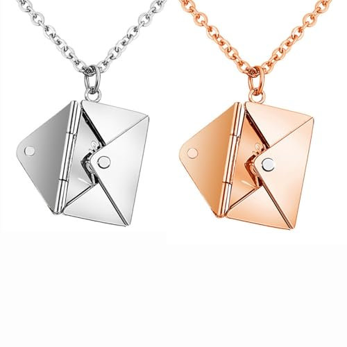 Floatdream 2 PCS Collana con Ciondolo a Forma di Busta, Collana con Busta per Coppie, Collana Donna Busta Acciaio, Ciondolo dal Design Letterario con Lettere Inglesi (Oro Rosa, Argento)