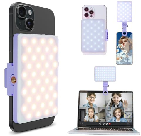 Inspack 60 LED Selfie Light for iPhone, with Back Clip & Front, Portable Phone Clip for Tiktok Video Recording, Zoom Calls Lighting Computer, High Power Rechargeable with 3 Light Modes, Purple