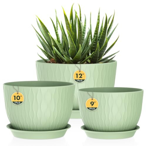 Homeuouz Lot de 3 pots de fleurs, grands, larges, avec soucoupe, en plastique, pour l'intérieur et l'extérieur, avec trous de drainage, structure ondulée, vert clair